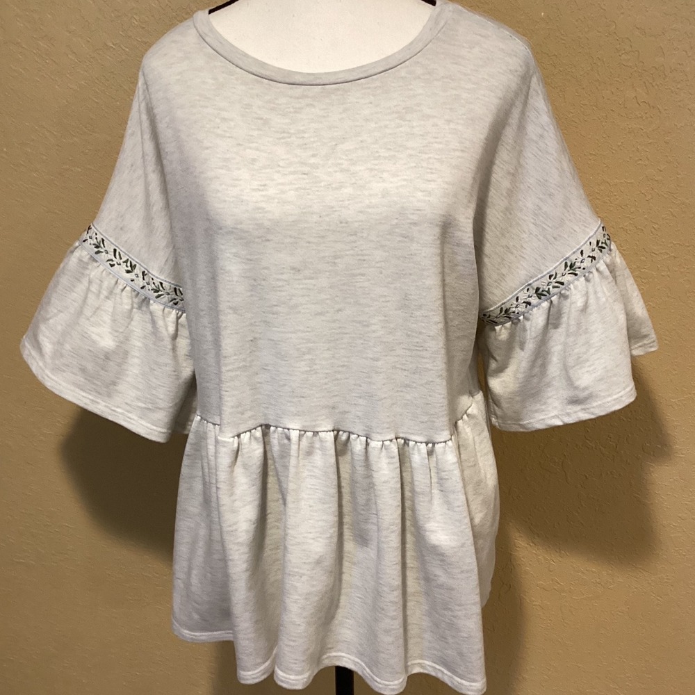 Flamingo Urban Heathered Gray Cotton Blend Blouse, 3/4 Length Bell Sleeve
